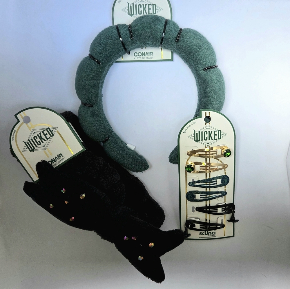 Wicked Elphaba 3 Pack Green Headband Black Headwrap Snap Clips Conair Scunci NWT